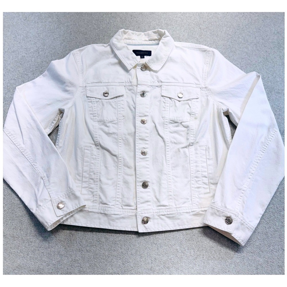 Talbots Womens L White Denim Jean Jacket Stretch Cotton Trucker Classic Layer
